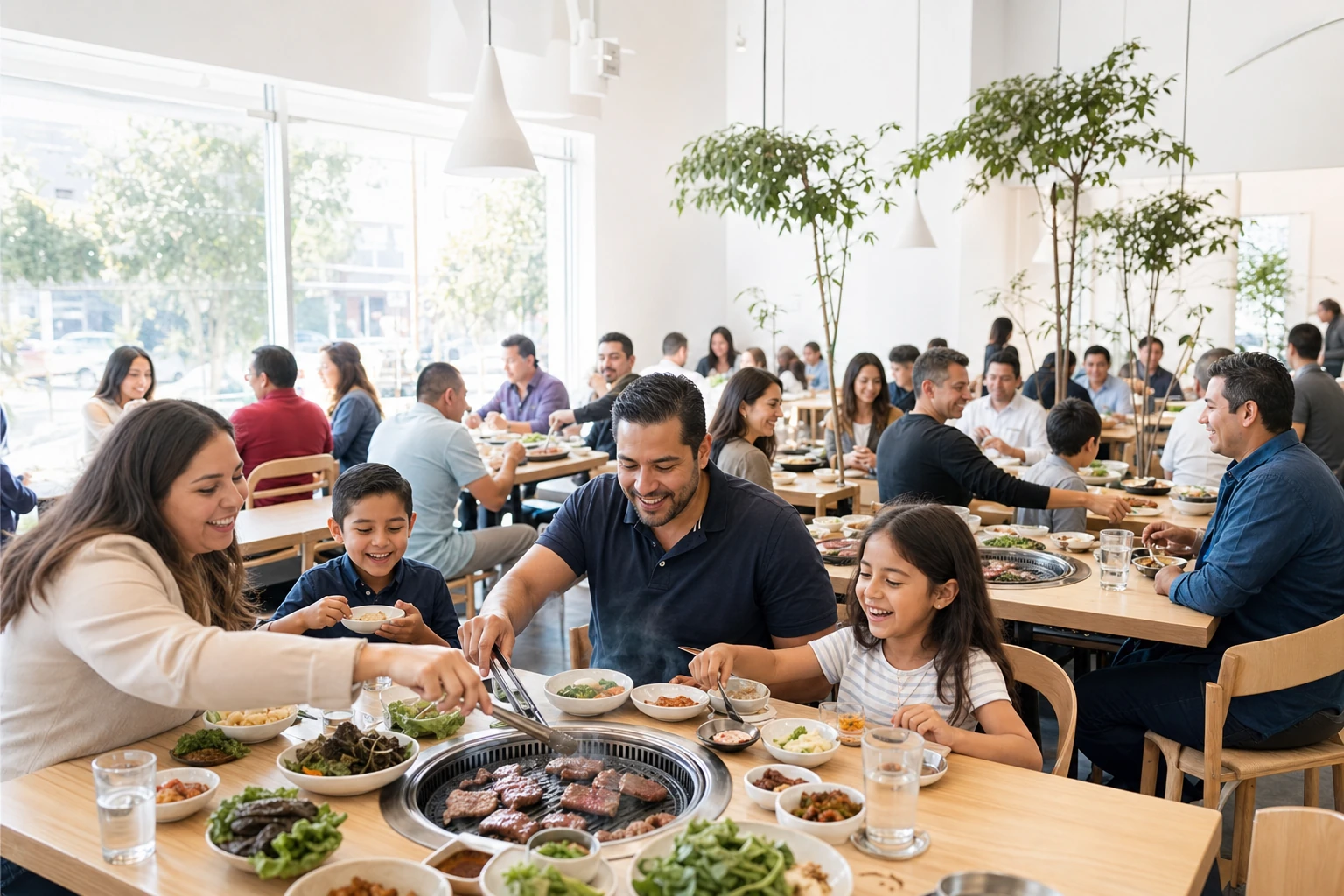 Familias comiendo y asando carne en un restaurante coreano luminoso